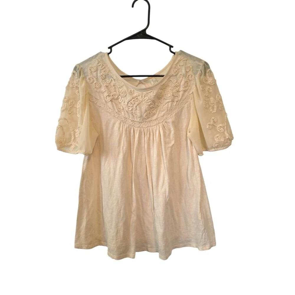 Anthropologie Delilah Blouse Cream Embroidered Puff-Sleeve Top Size Small
